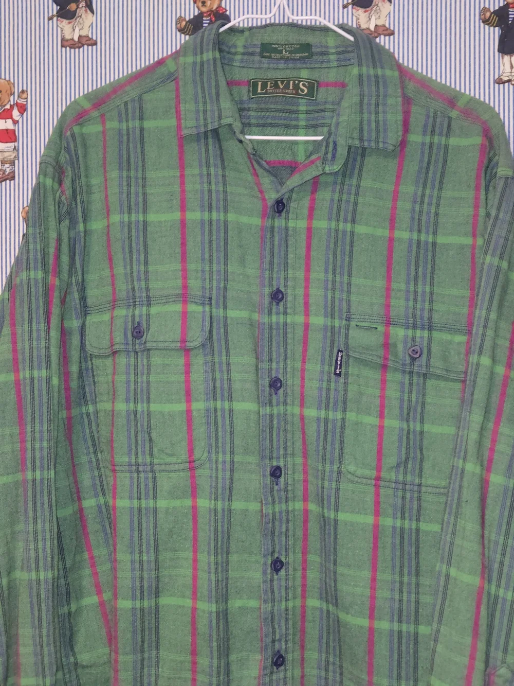 Vintage 90s Levi's Green Pink Plaid Flannel Button-Up Shirt Large